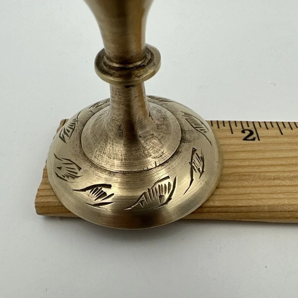 Vintage Brass Bud Vase Pedestal Base Etched Floral Leaf Boho Accent Decor 5